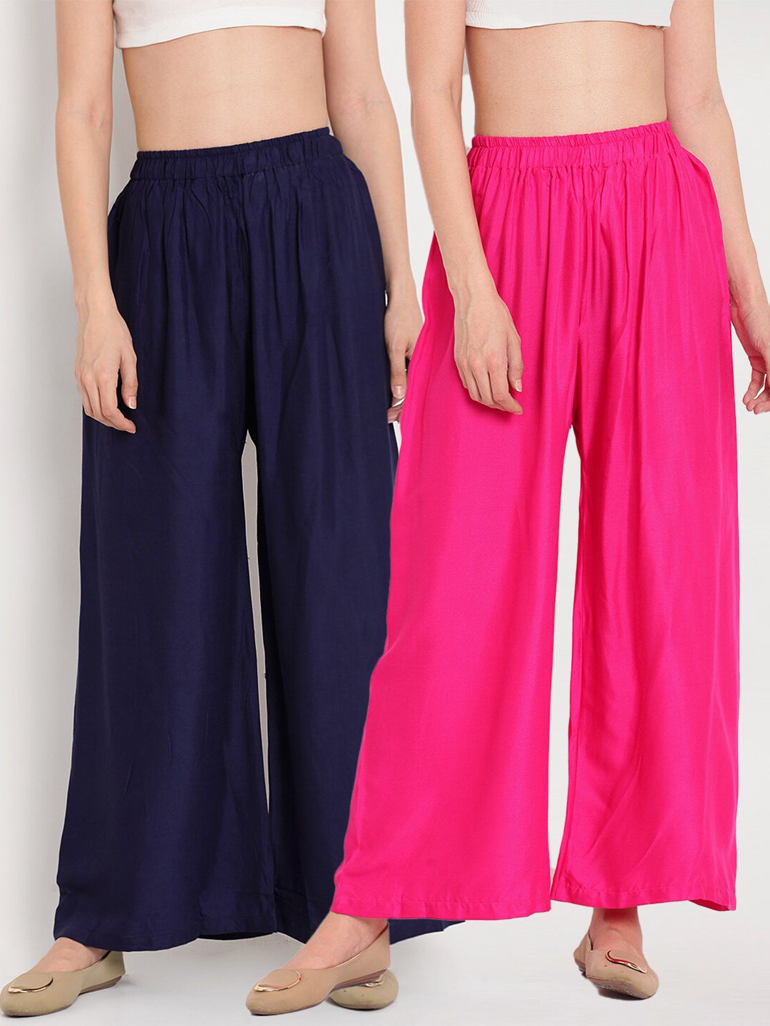 TAG 7 Women Pink & Navy Blue Set of 2 Flared Ethnic Palazzos Price in India