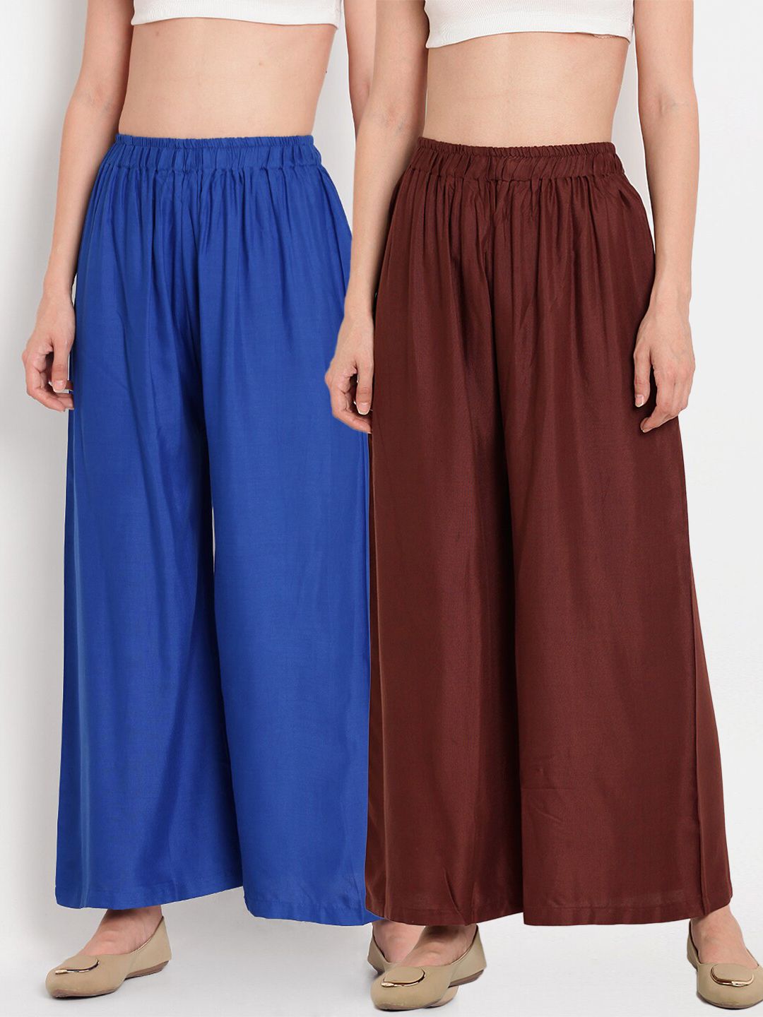 TAG 7 Women Brown & Blue Set of 2 Flared Ethnic Palazzos Price in India