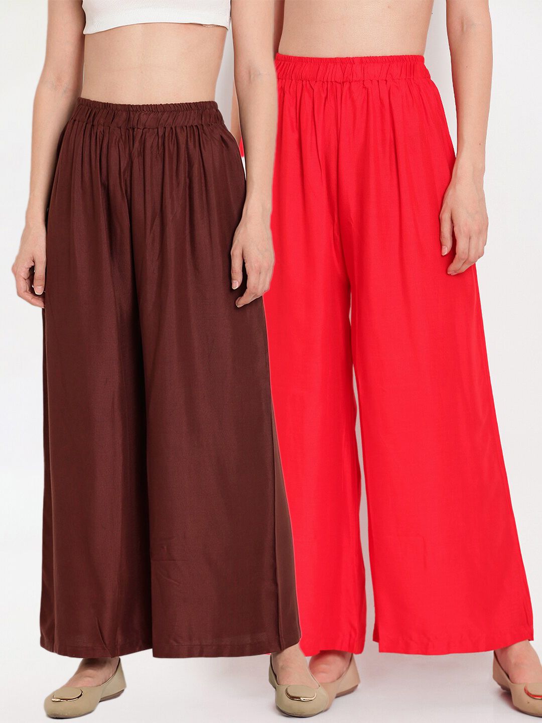 TAG 7 Women Red & Brown Set of 2 Flared Ethnic Palazzos Price in India