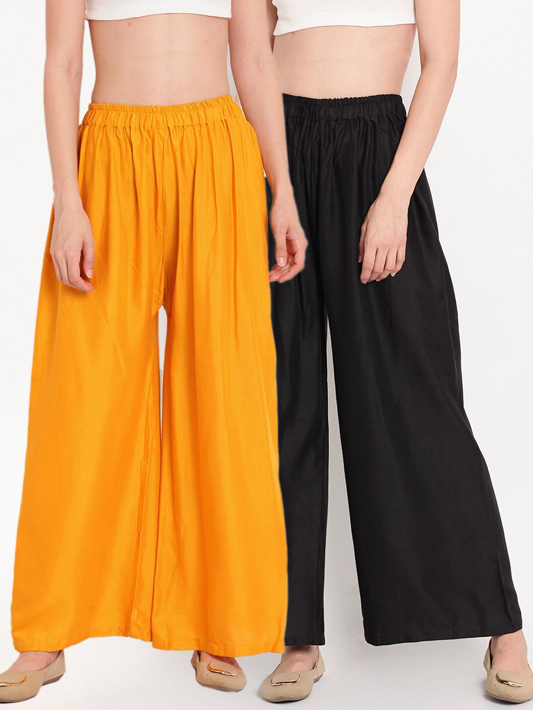 TAG 7 Women Black & Yellow Set of 2 Flared Ethnic Palazzos Price in India