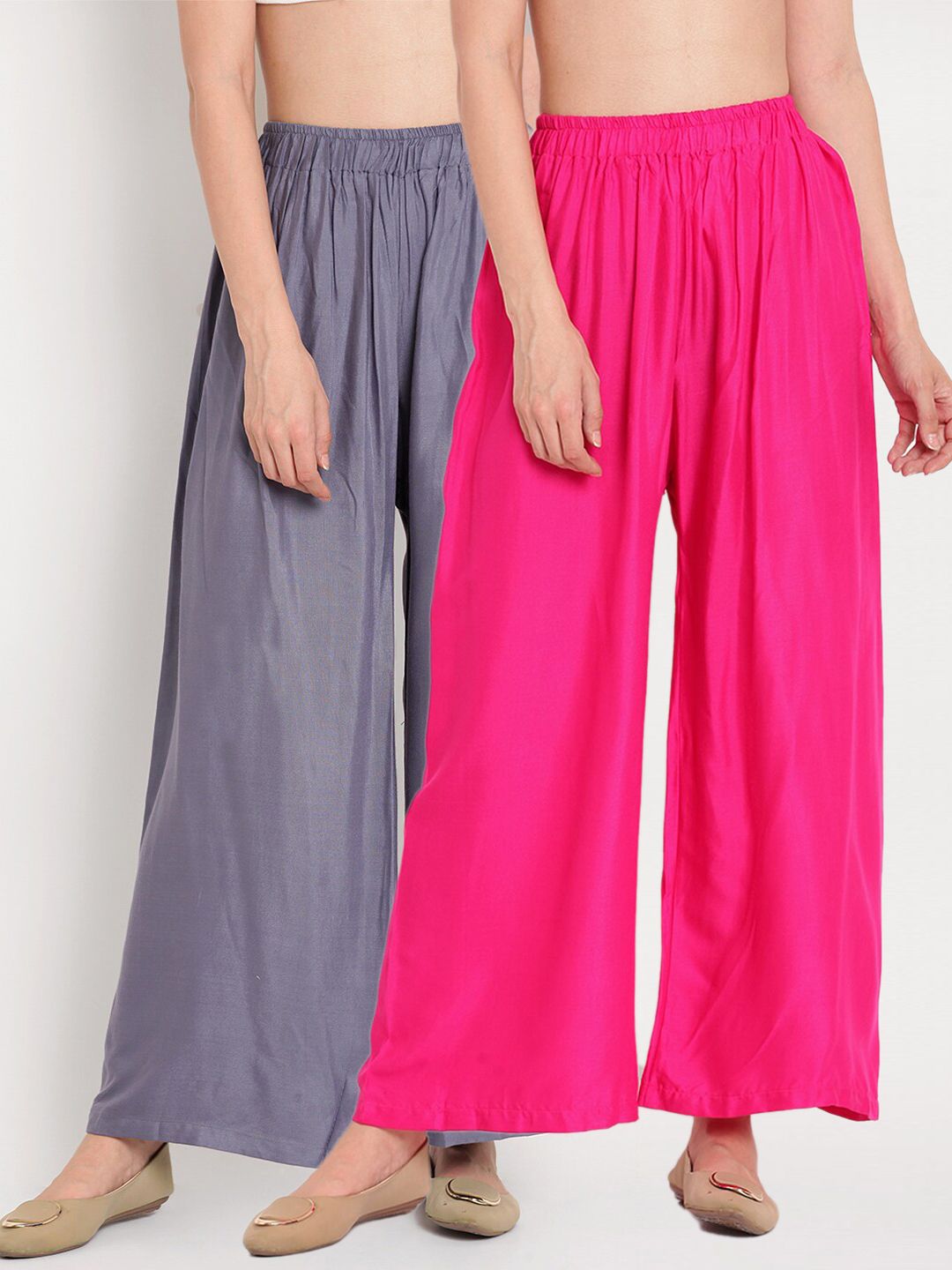 TAG 7 Women Pink & Grey Set of 2 Flared Ethnic Palazzos Price in India