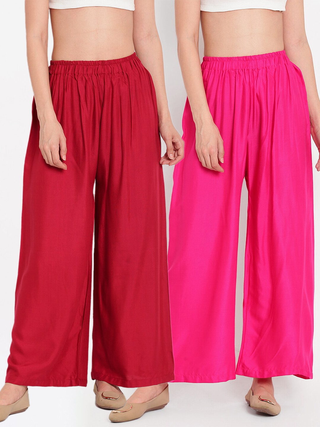 TAG 7 Women Pink & Maroon Set of 2 Flared Ethnic Palazzos Price in India