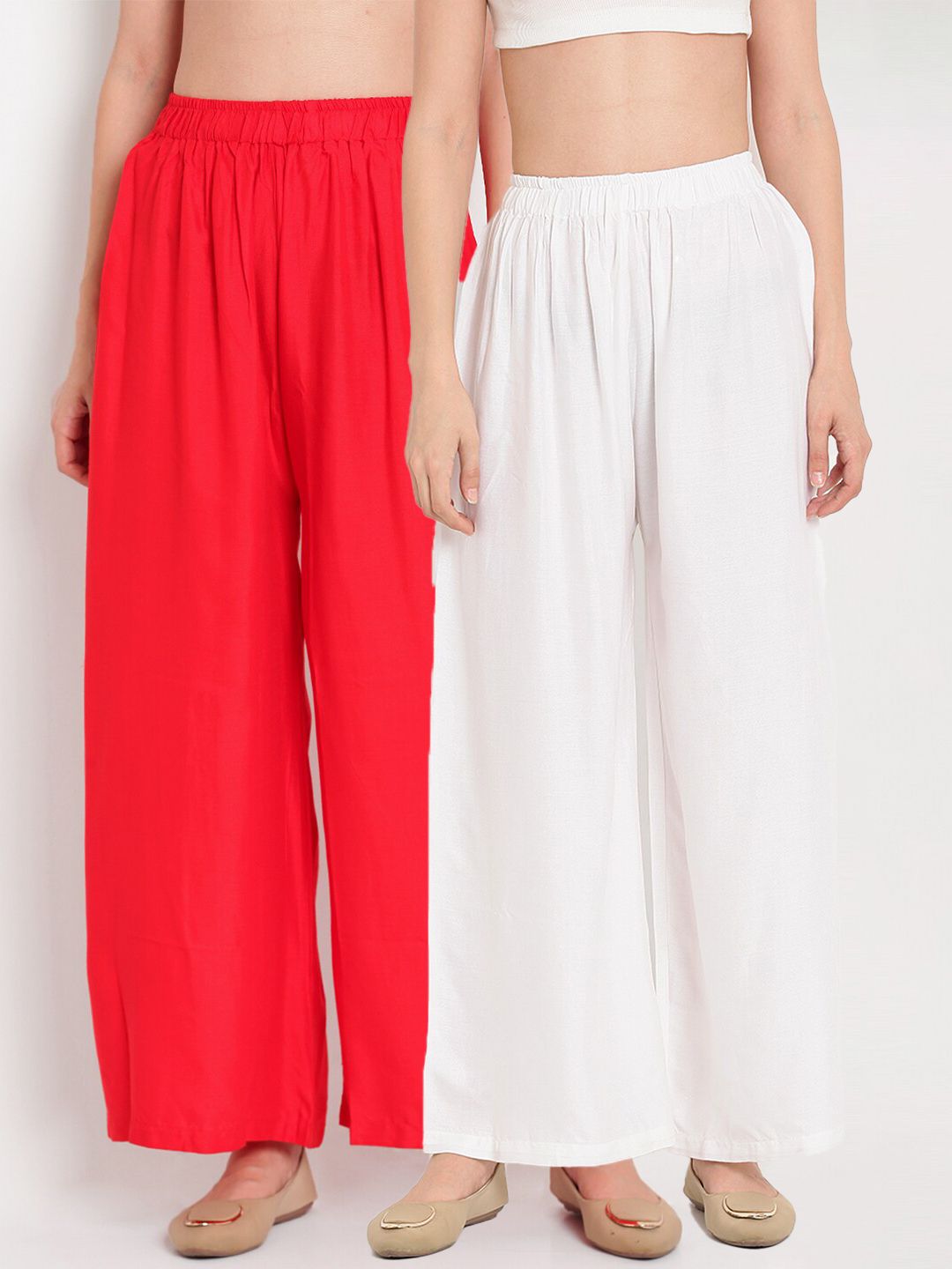 TAG 7 Women White & Red Set of 2 Flared Ethnic Palazzos Price in India