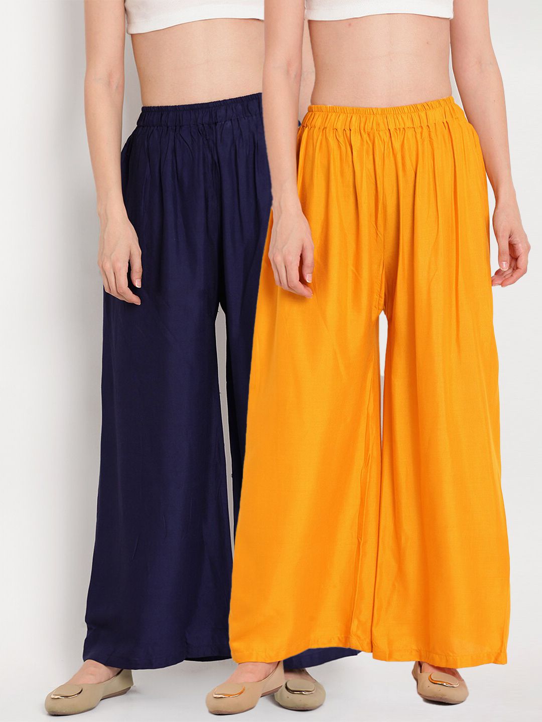 TAG 7 Women Yellow & Navy Blue Set of 2 Flared Ethnic Palazzos Price in India