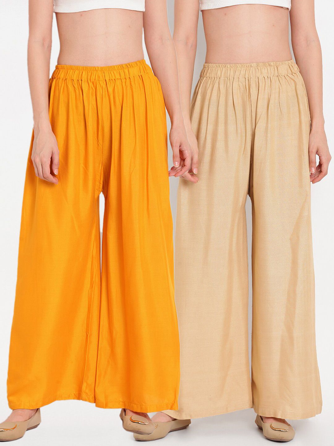 TAG 7 Women Yellow & Beige Set of 2 Flared Ethnic Palazzos Price in India