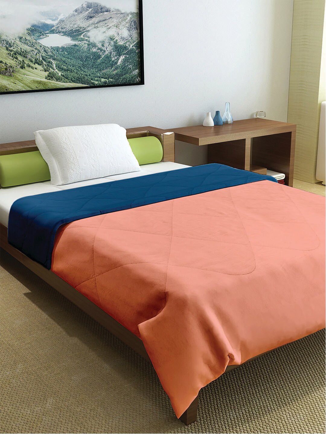 Divine Casa Peach-Coloured & Navy Blue Mild Winter 150 GSM Single Bed Comforter Price in India