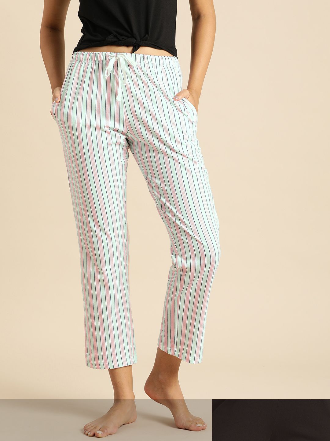 Dreamz by Pantaloons Women Pack of 2 White & Black Striped Cotton Lounge Pants Price in India