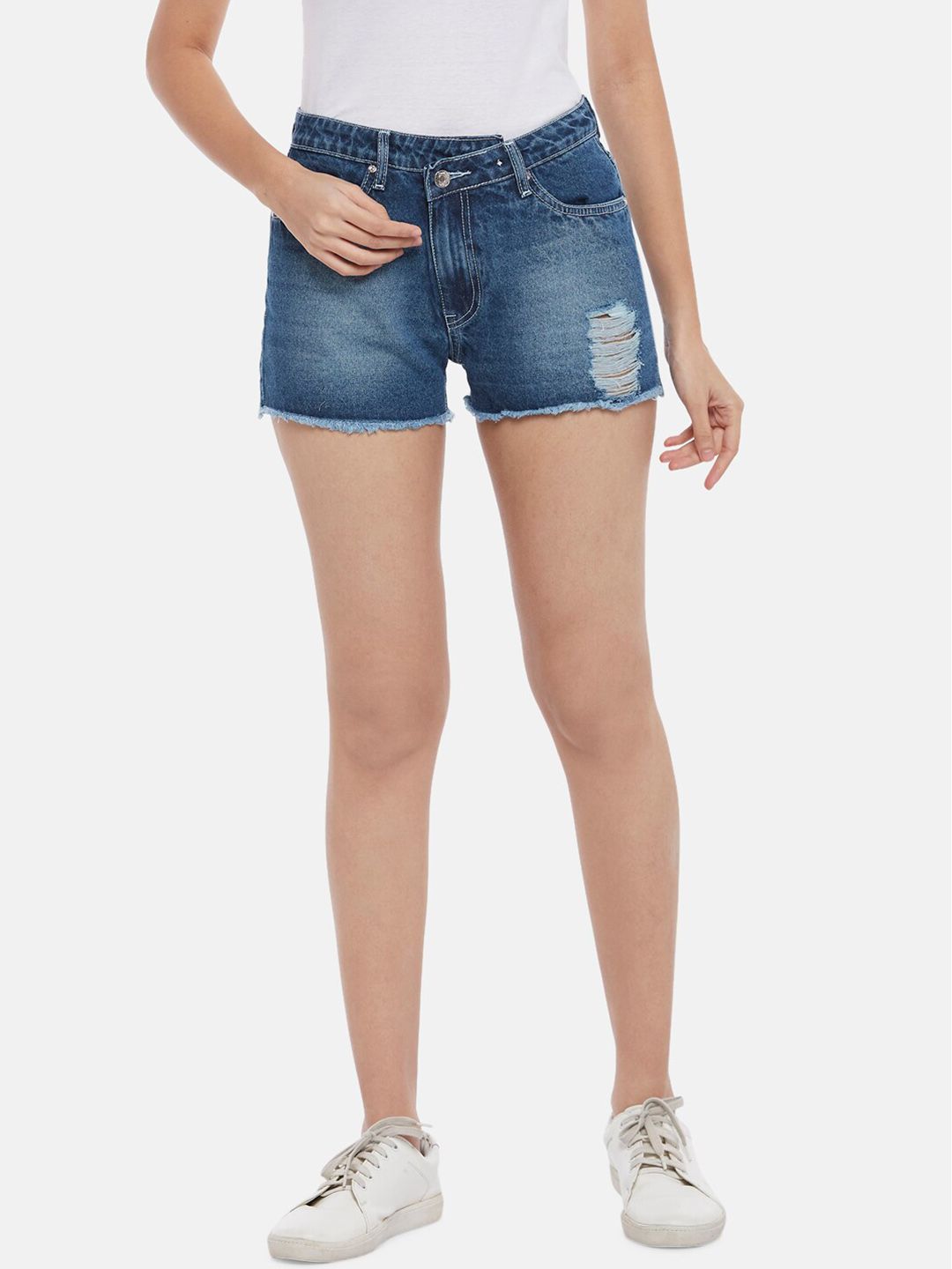People Women Blue Washed Denim Shorts Price in India