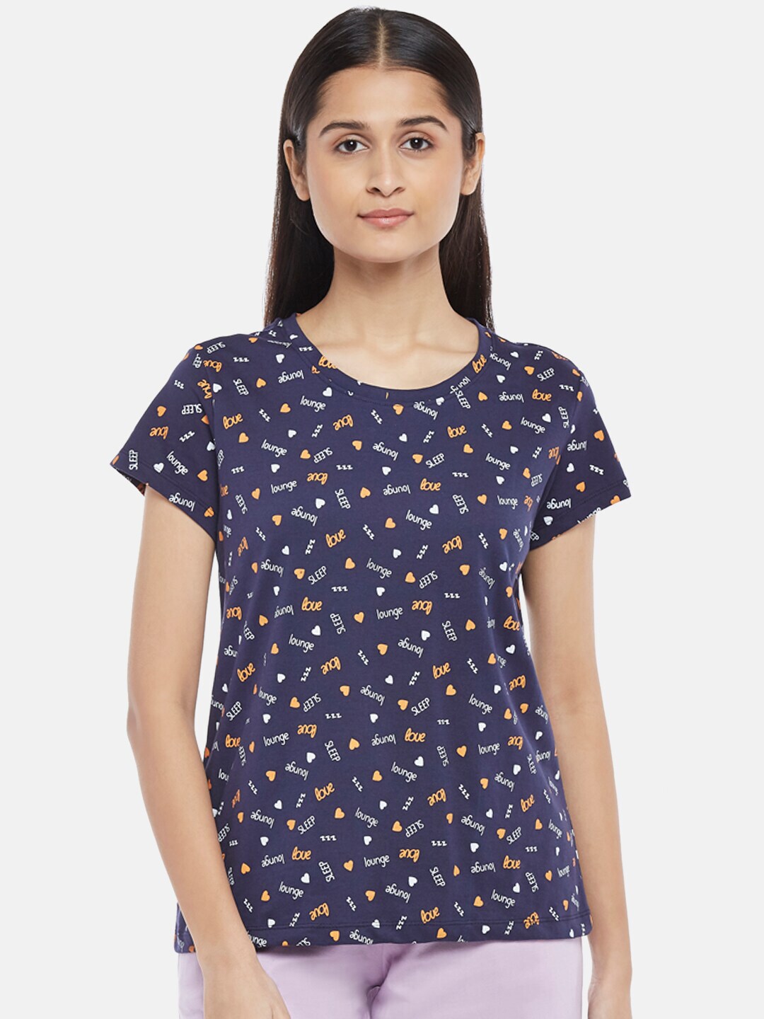 Dreamz by Pantaloons Navy Blue Floral Cotton Print Lounge tshirt Price in India