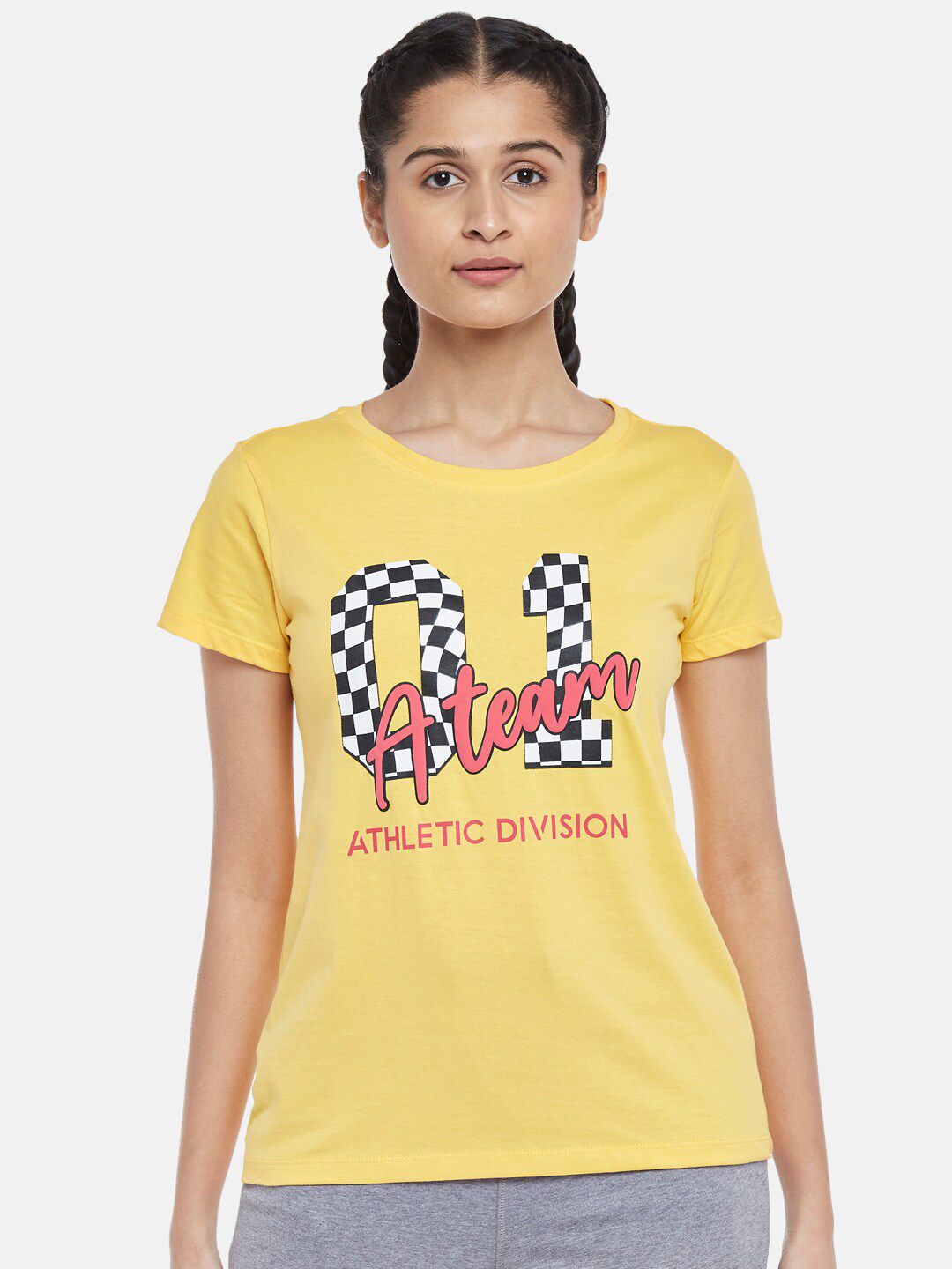 Ajile by Pantaloons Women Yellow Sports Printed Running Cotton T-shirt Price in India