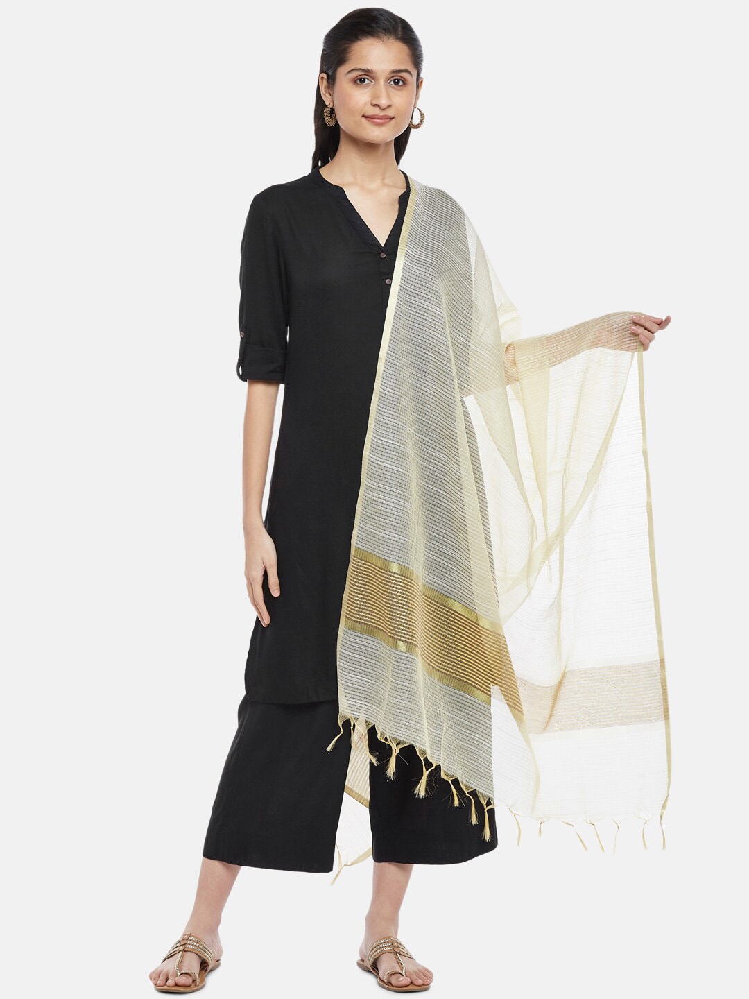 RANGMANCH BY PANTALOONS Women Off White & Gold-Toned Woven Design Dupatta Price in India