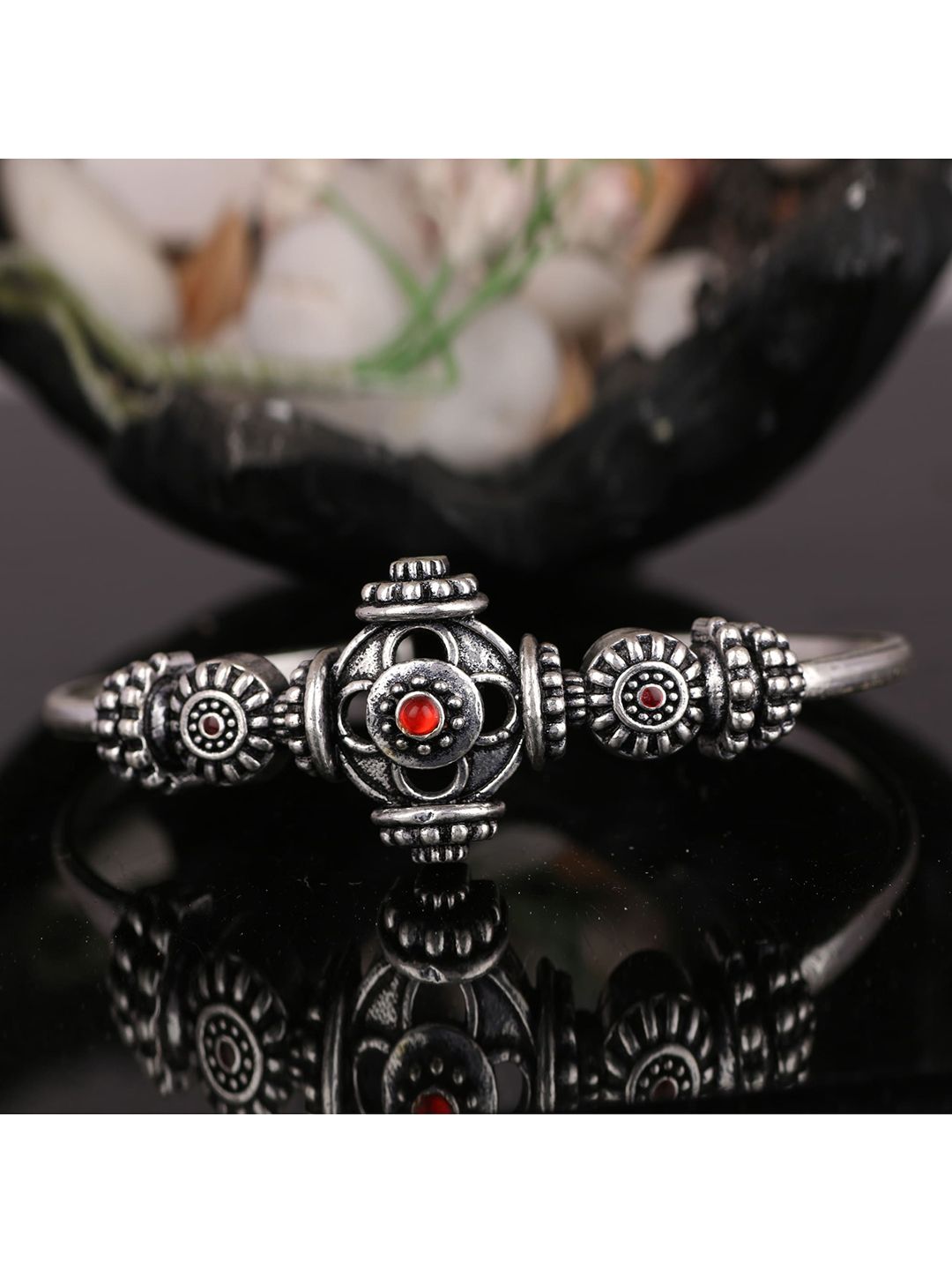 Silgo Women Oxidised Silver-Plated Red & Orange Stone Studded Brass Cuff Bracelet Price in India