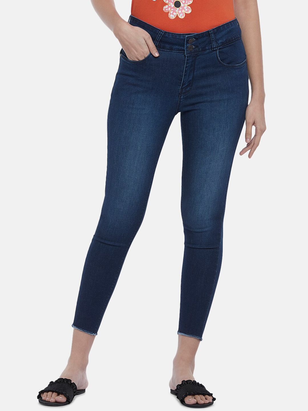 People Women Blue Slim Fit Low Distress Light Fade Jeans Price in India