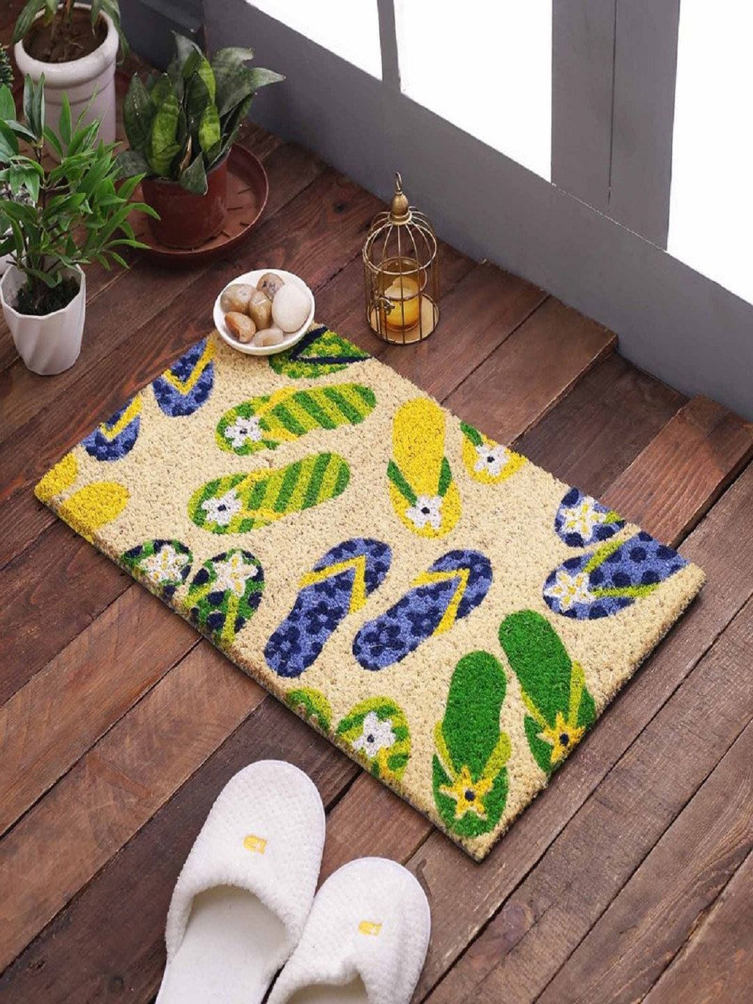 SWHF Turquoise Green & Yellow Printed Anti-Skid Doormat Price in India