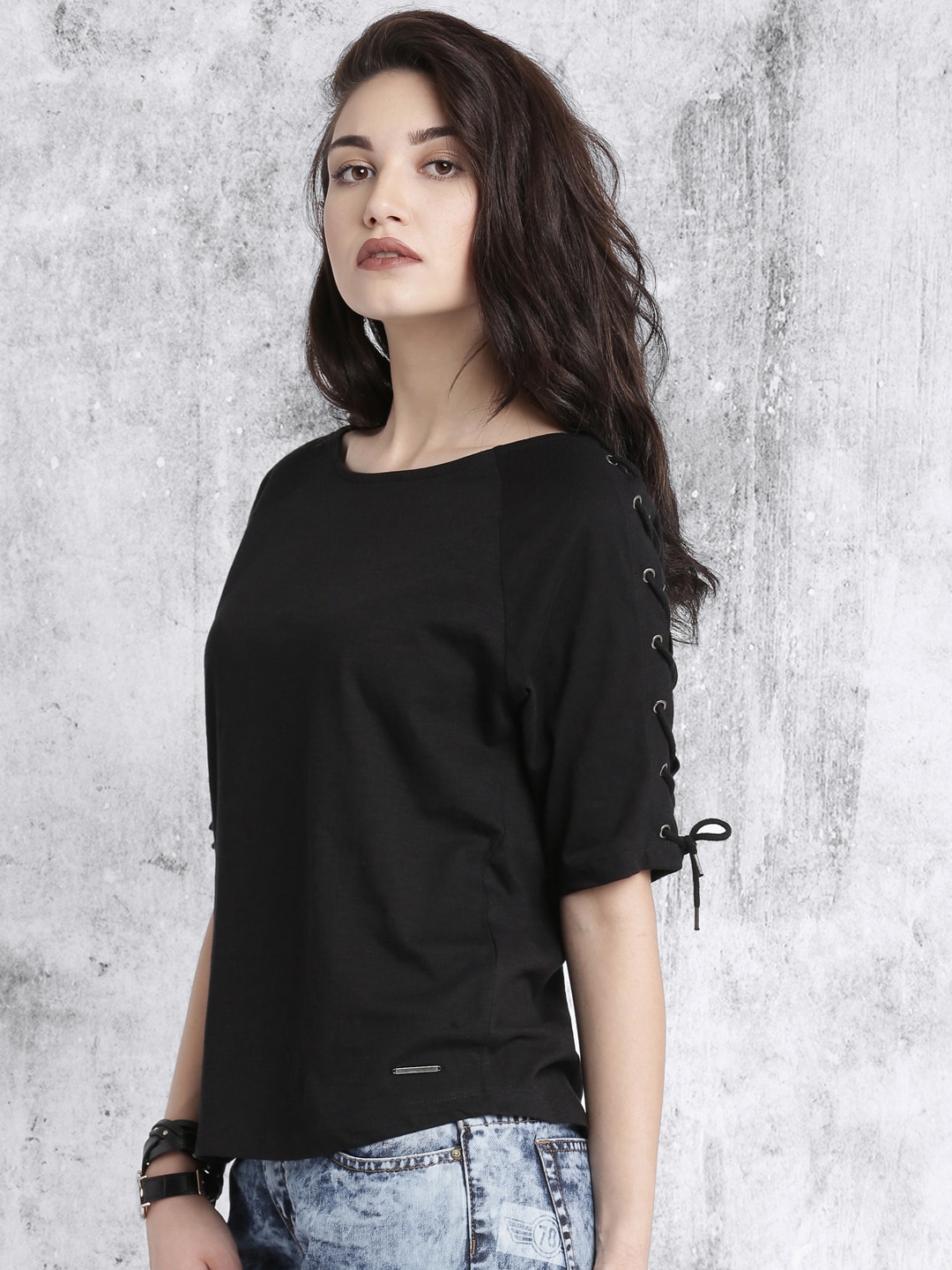 Roadster Women Black Pure Cotton T-shirt Price in India