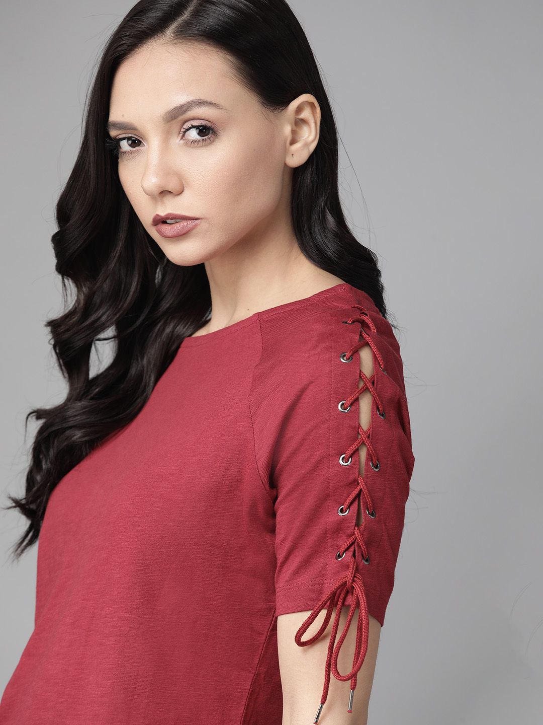 Roadster Women Maroon Solid Lace-Up Sleeved T-shirt