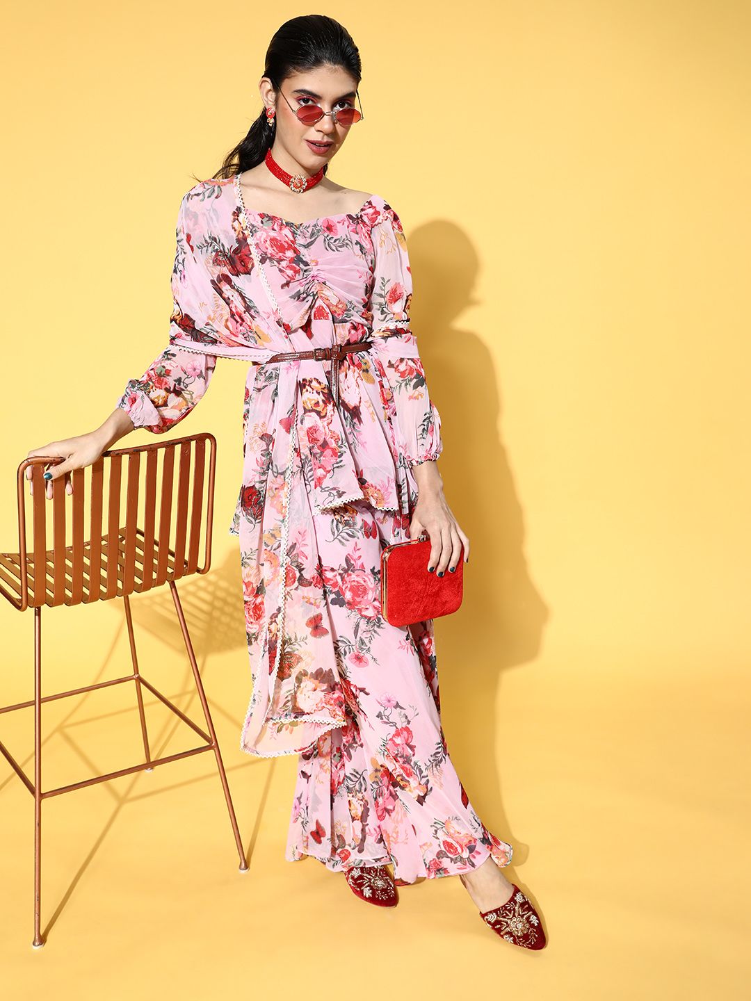 Inddus Floral Poly Chiffon Draped Luxe Kurta Set