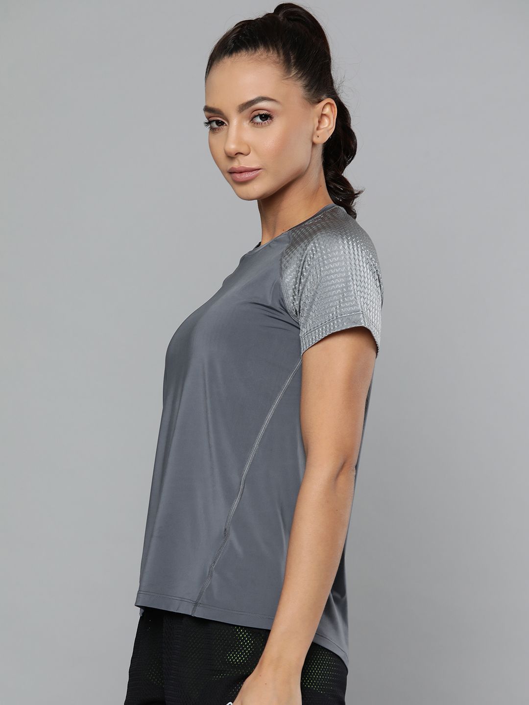 Fitkin Women Grey Solid Training or Gym T-shirt Price in India