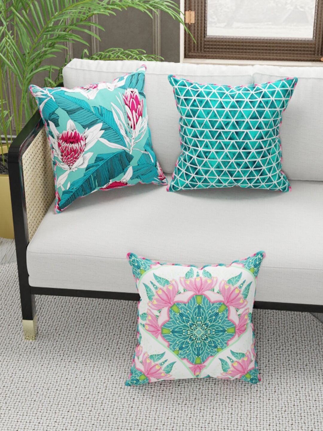 BIANCA Coral & Teal Set of 3 Floral Square Cushion Covers Price in India