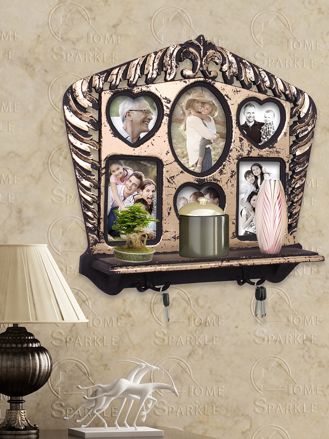 Home Sparkle Black & Gold-Toned Photo Frame Wall Shelf with Hooks Price in India