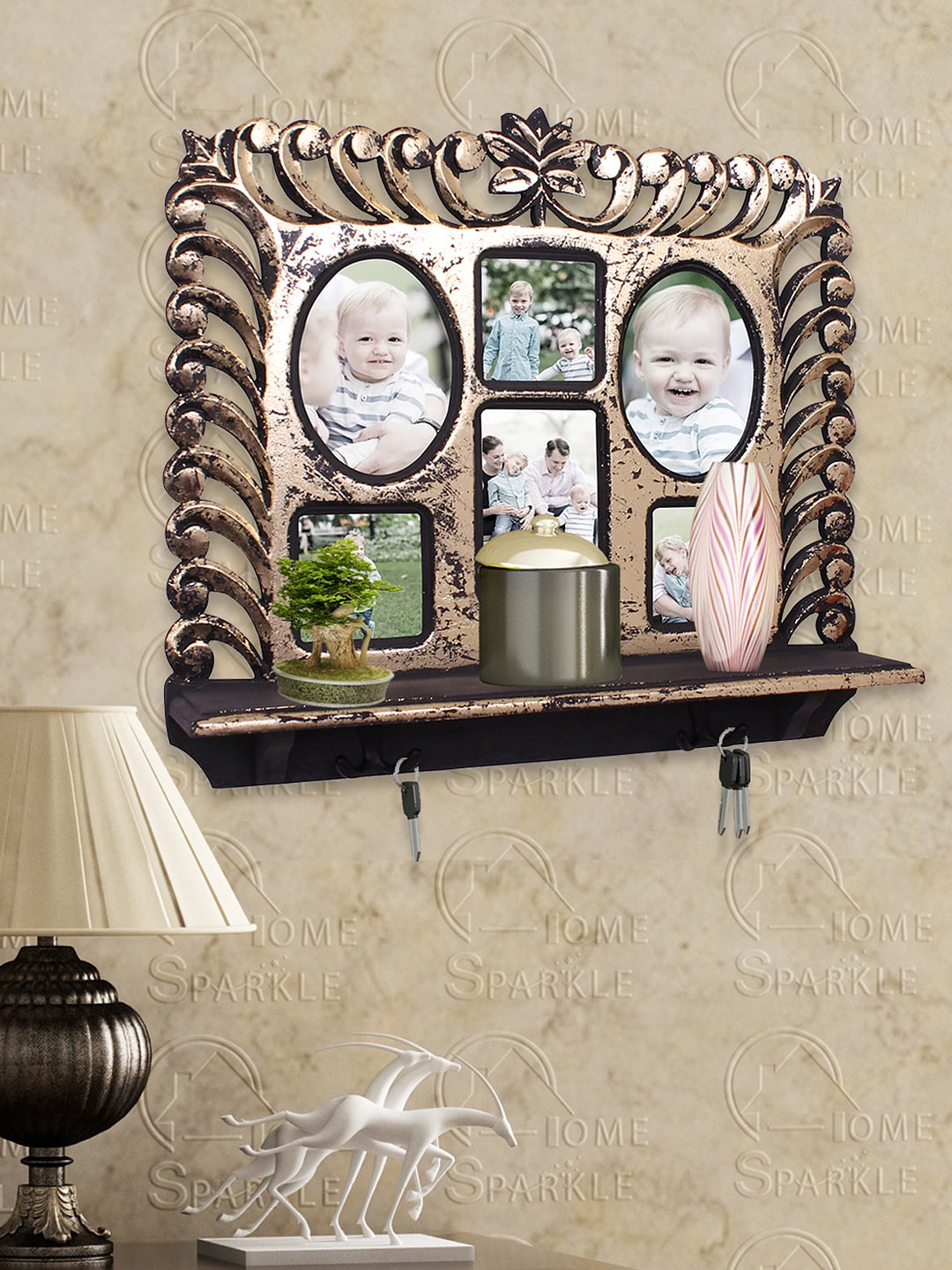 Home Sparkle Black & Gold-Toned Photo Frame Wall Shelf with Hooks Price in India