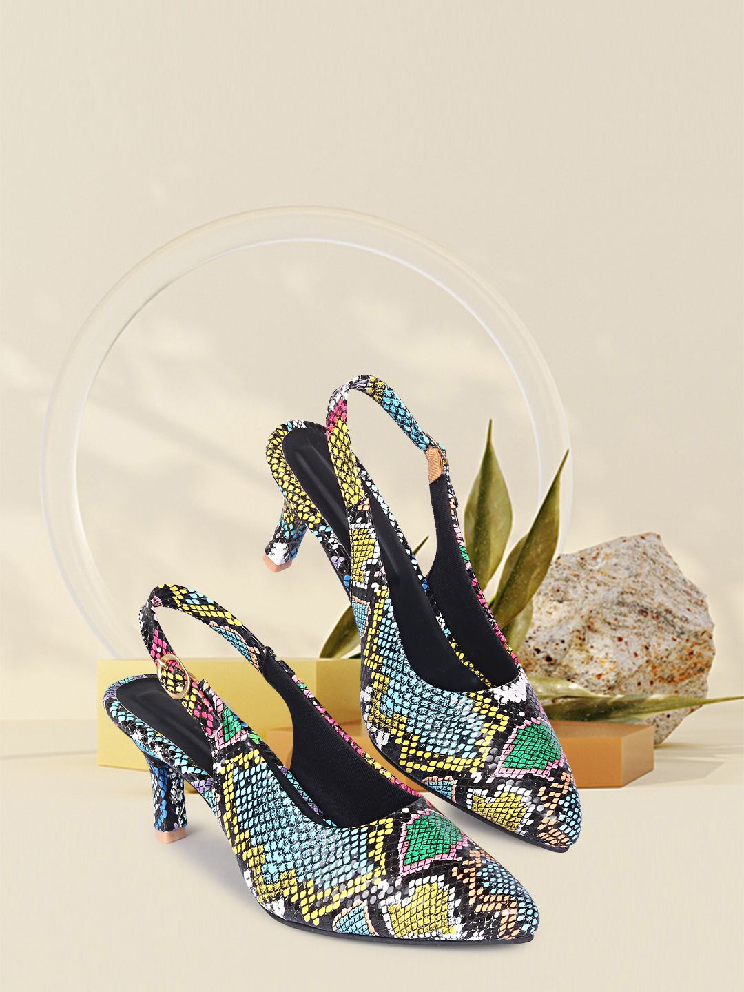 FASHIMO Black & Blue Printed Party Kitten Pumps with Buckles Price in India