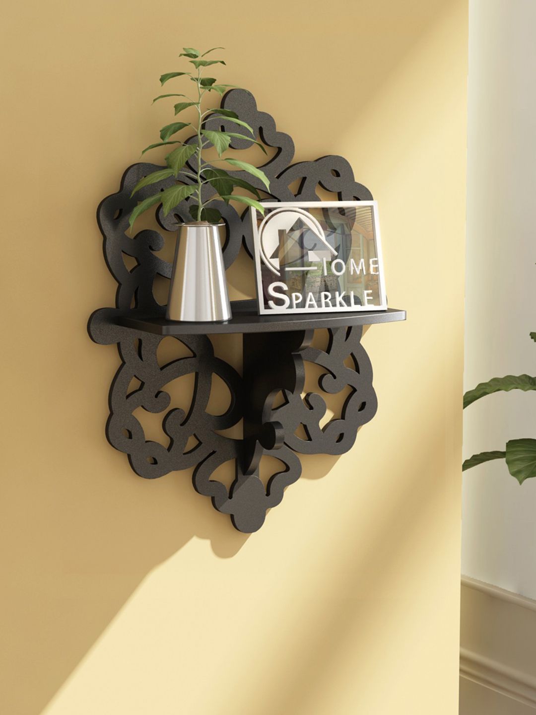 Home Sparkle Black Carved Wall Shelf Price in India