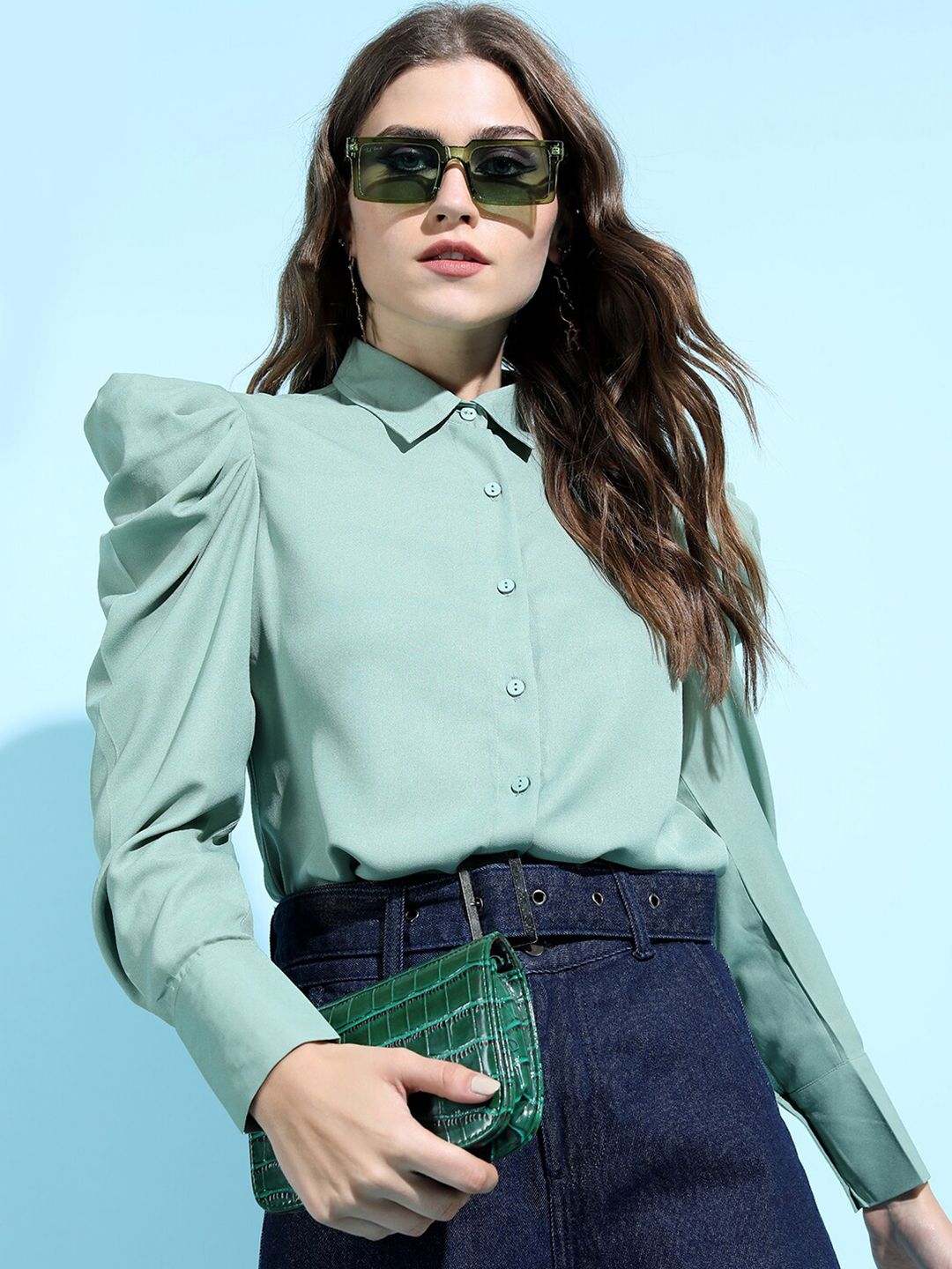 Tokyo Talkies Women Green Solid Shirt Style Top Price in India
