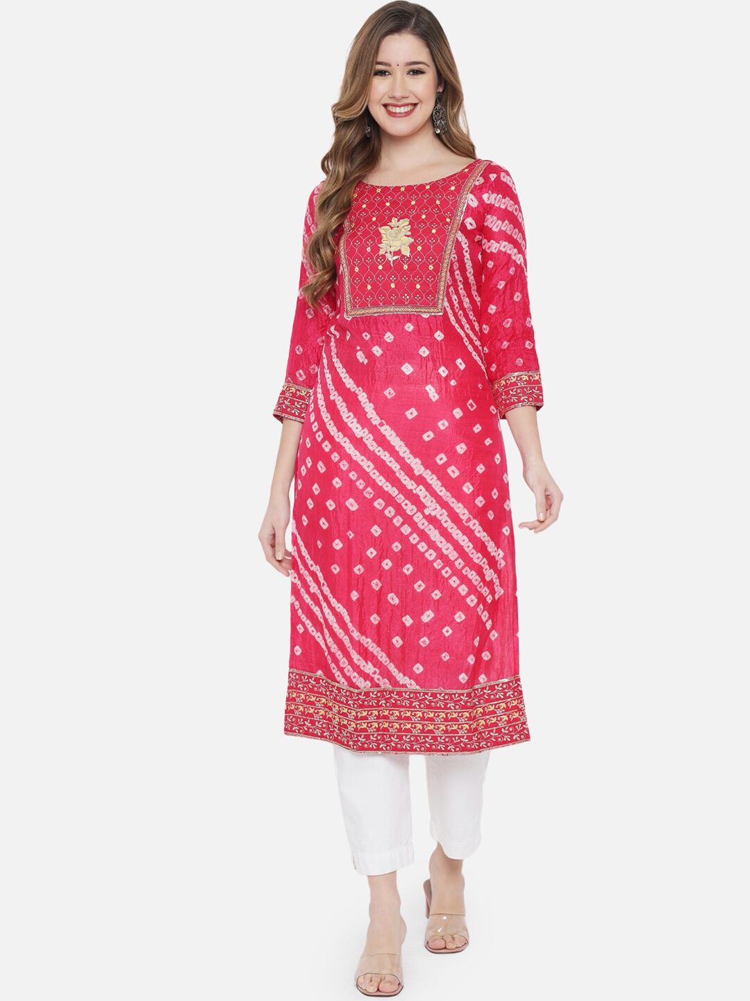 Sangria Women Peach-Coloured Bandhani Printed Kurta Price in India