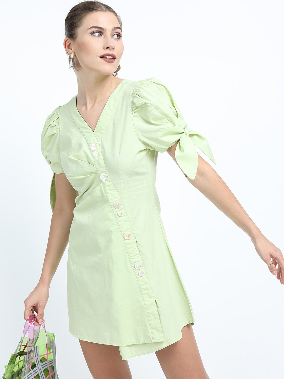 Tokyo Talkies Women Green Solid Shirt Style Cotton Dress Price in India
