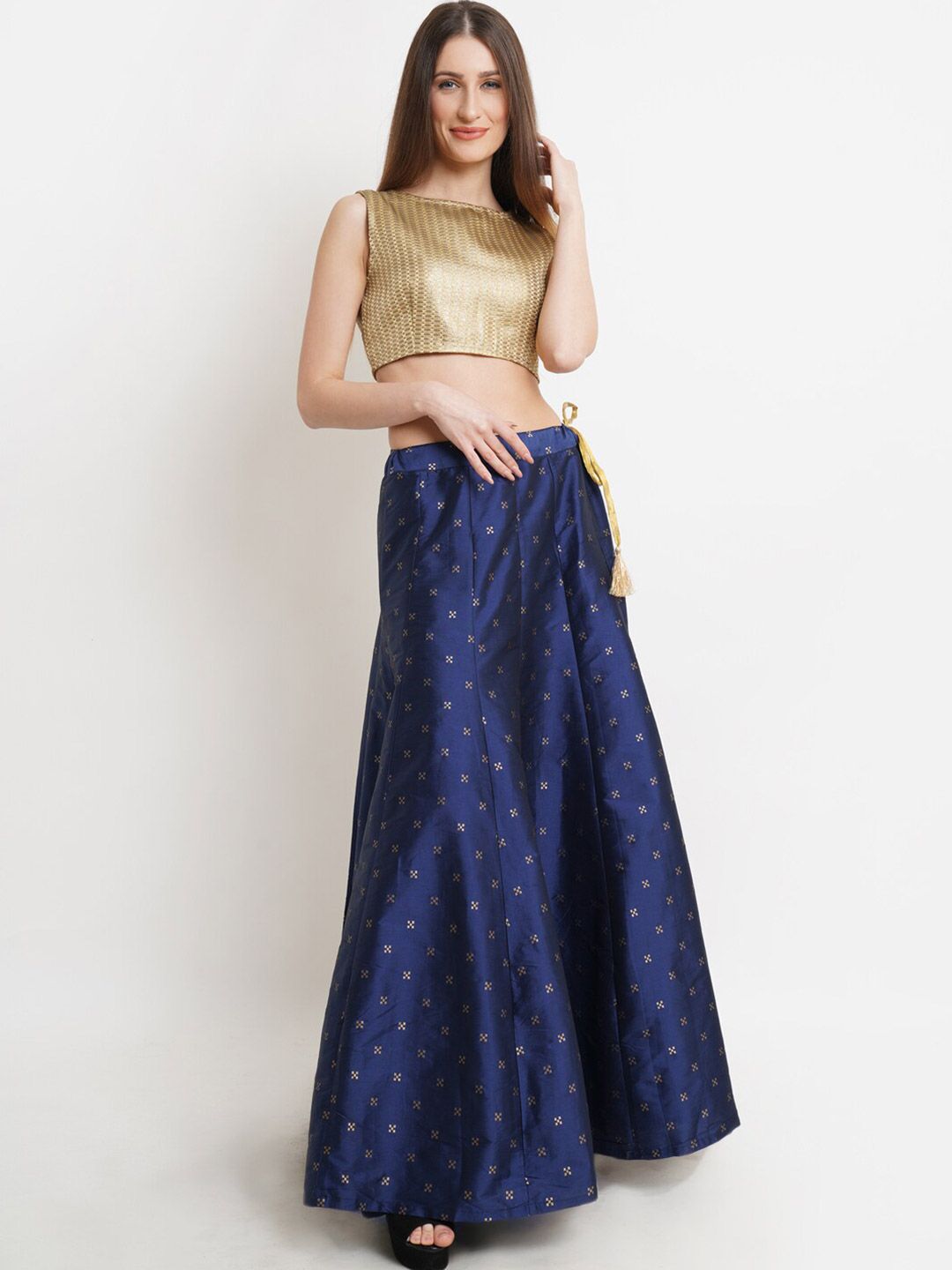 Purple State Navy Blue & Gold-Toned Self Design Stitched Lehenga & Blouse Price in India