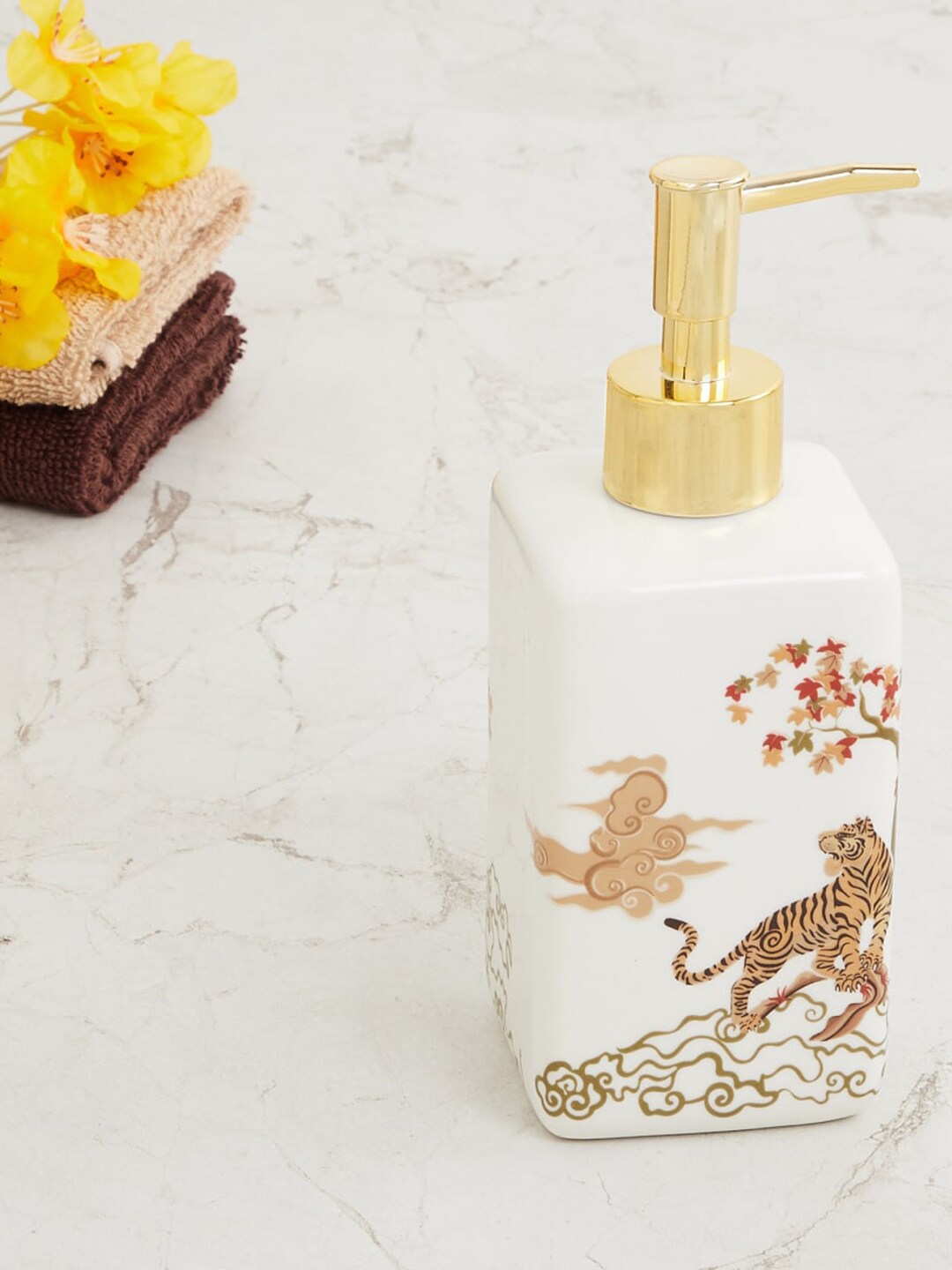 Home Centre White Art of Asia-Tiger Tales Printed Ceramic Soap Dispenser Price in India