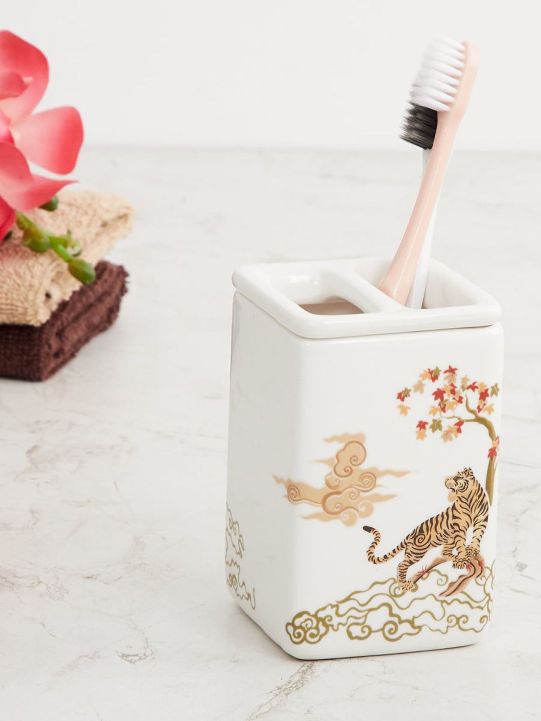 Home Centre White Art of Asia-Tiger Tales Tian Printed Ceramic Tooth Brush Holder Price in India