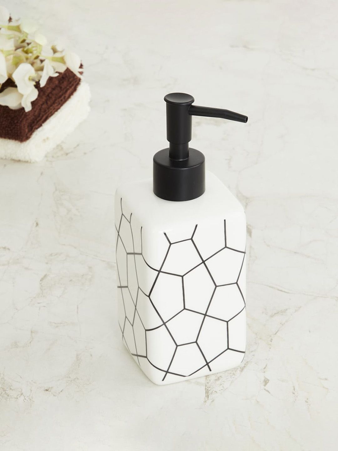 Home Centre White & Black Geometric Printed Square Ceramic Soap Dispenser Price in India