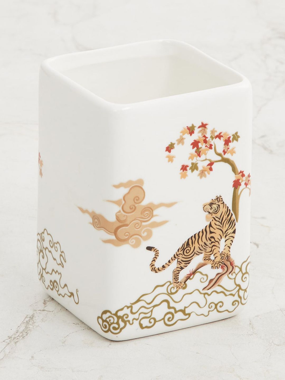 Home Centre White & Brown Art of Asia-Tiger Tales Tian Printed Ceramic Tooth Brush Holder Price in India