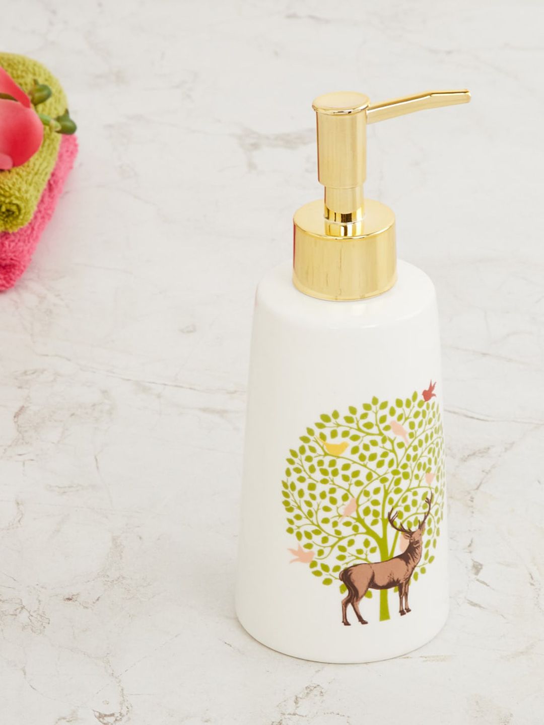 Home Centre White & Green Bay Tree Printed Ceramic Soap Dispenser Price in India
