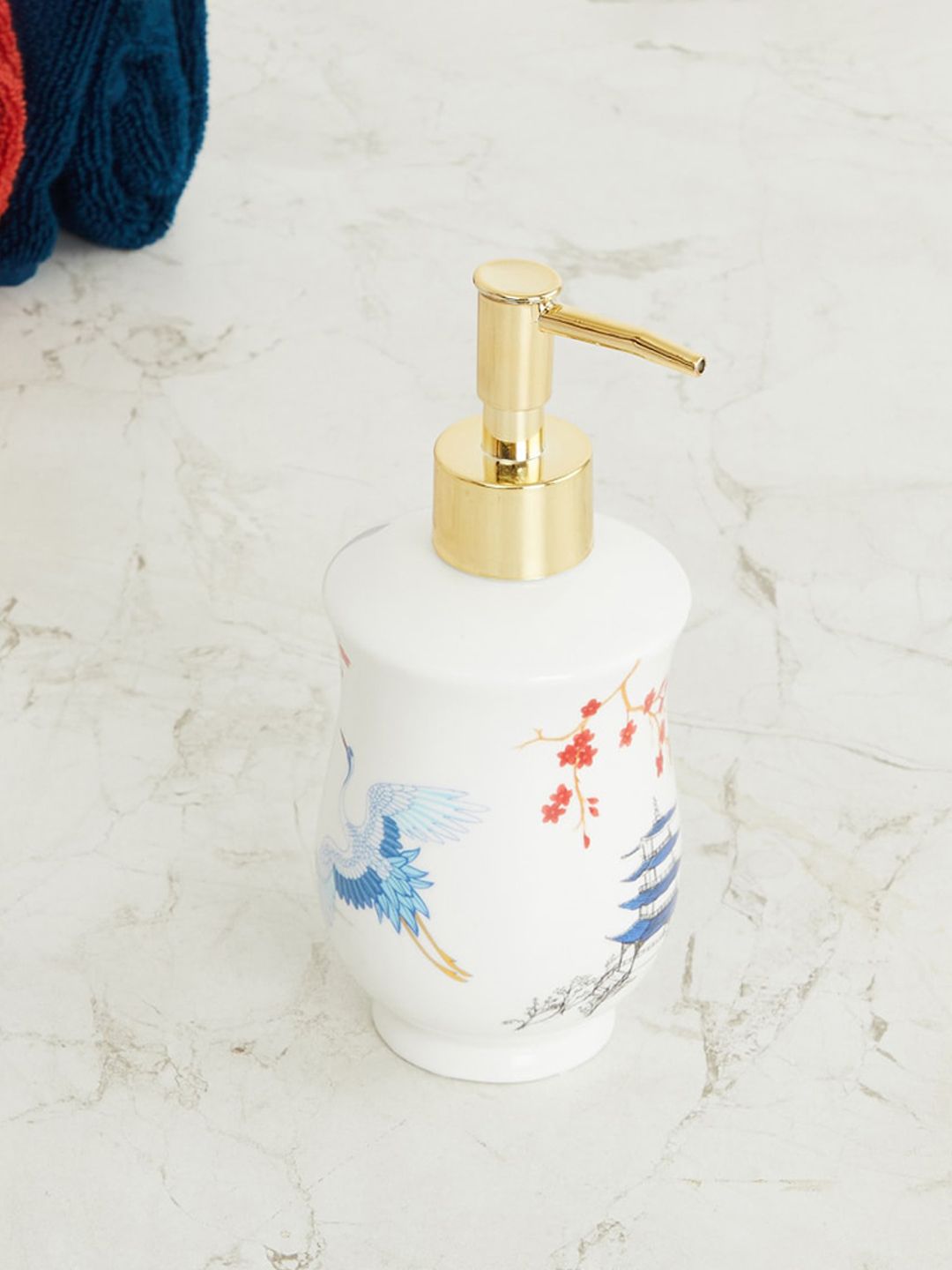 Home Centre White & Blue Art of Asia-Pagoda Pride Printed Round Ceramic Soap Dispenser Price in India