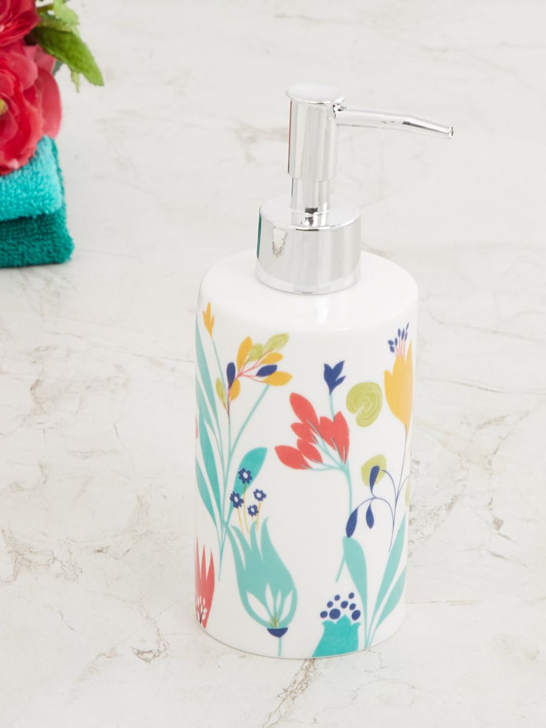 Home Centre White & Blue Printed Round Ceramic Soap Dispenser Price in India