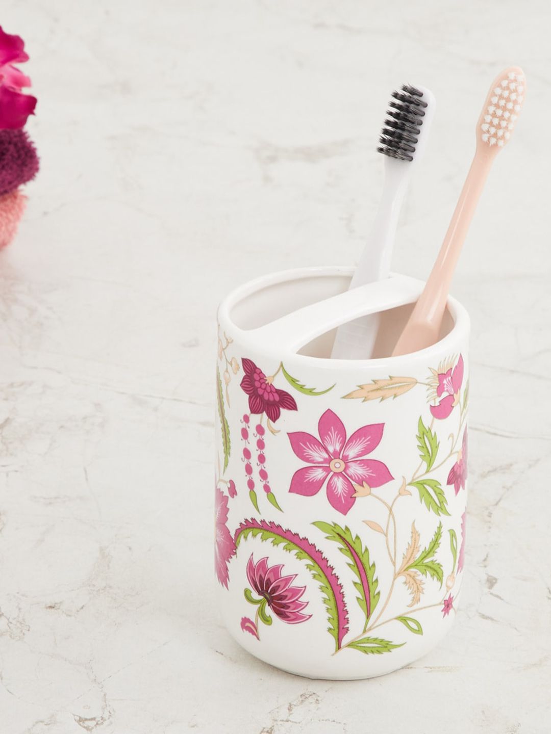 Home Centre Pink & White Printed Ceramic Tooth Brush Holder Price in India