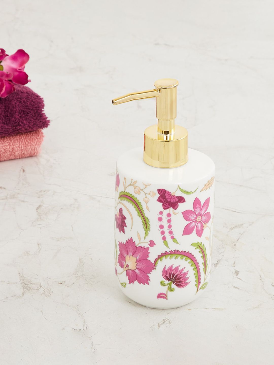 Home Centre White & Pink Art of Asia-Royal Retreat Printed Round Ceramic Soap Dispenser Price in India