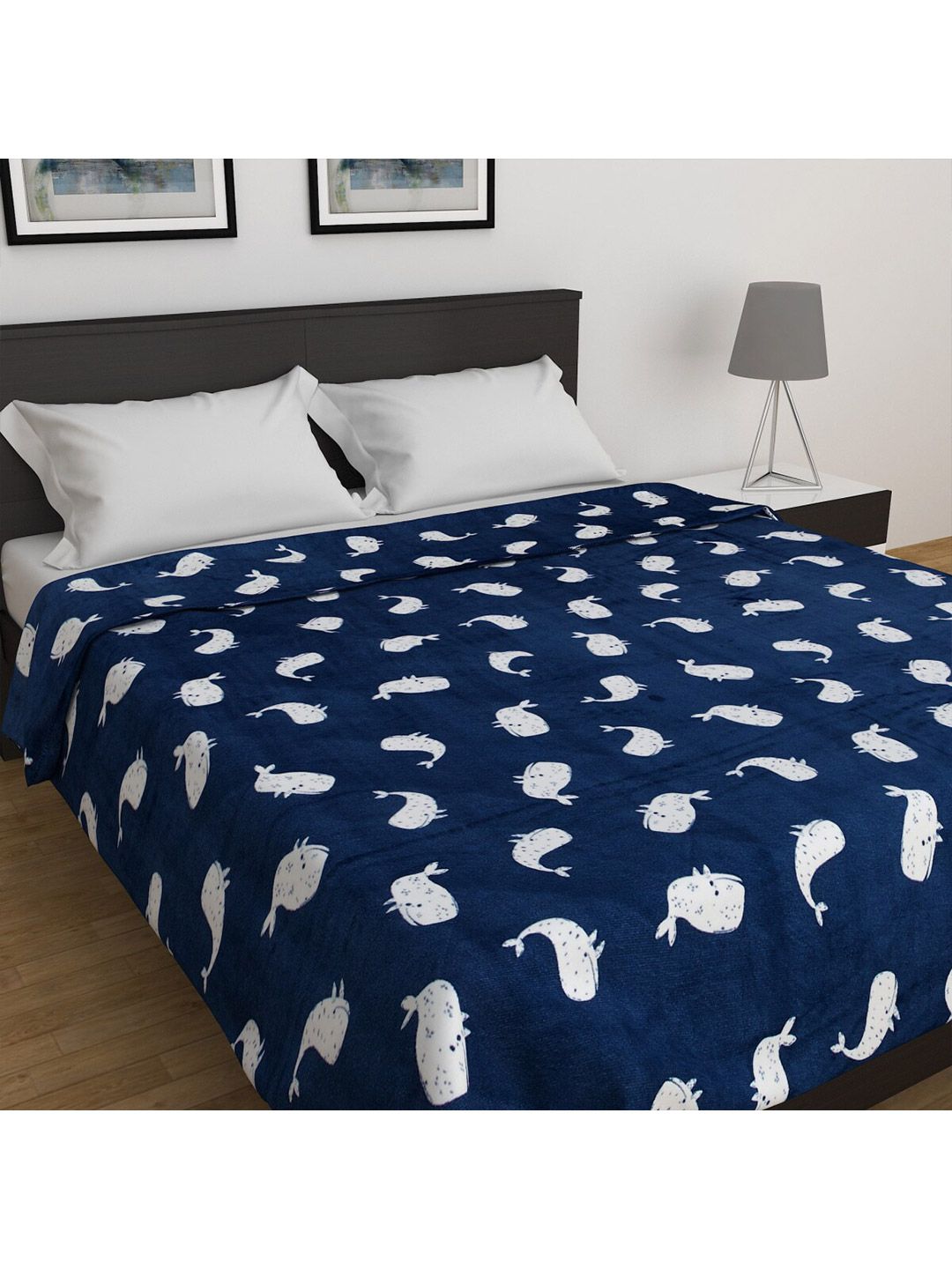 Home Centre Navy Blue & White Summer 150 GSM Double Bed Blanket Price in India