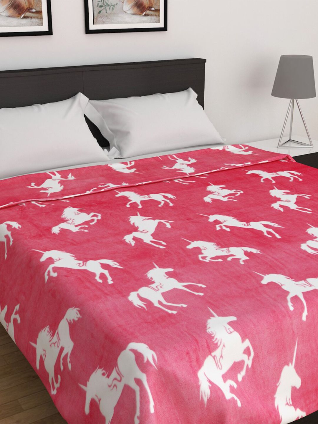 Home Centre Pink & White Printed 150 GSM Double Bed Blanket Price in India