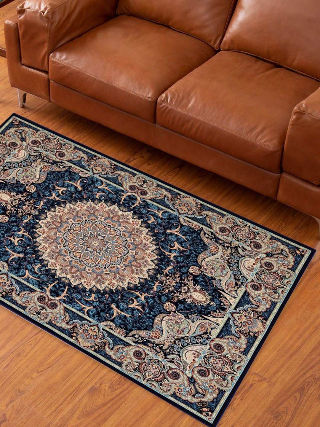 Home Centre Blue & Brown  Ethnic Motifs Textured Carpet Price in India