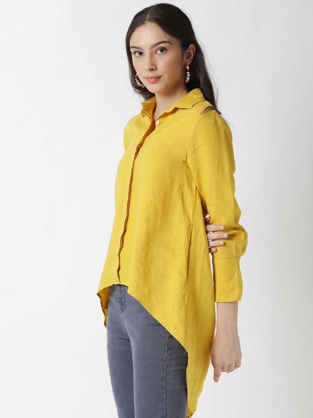 RAREISM Women Yellow Linen Shirt Style Top Price in India