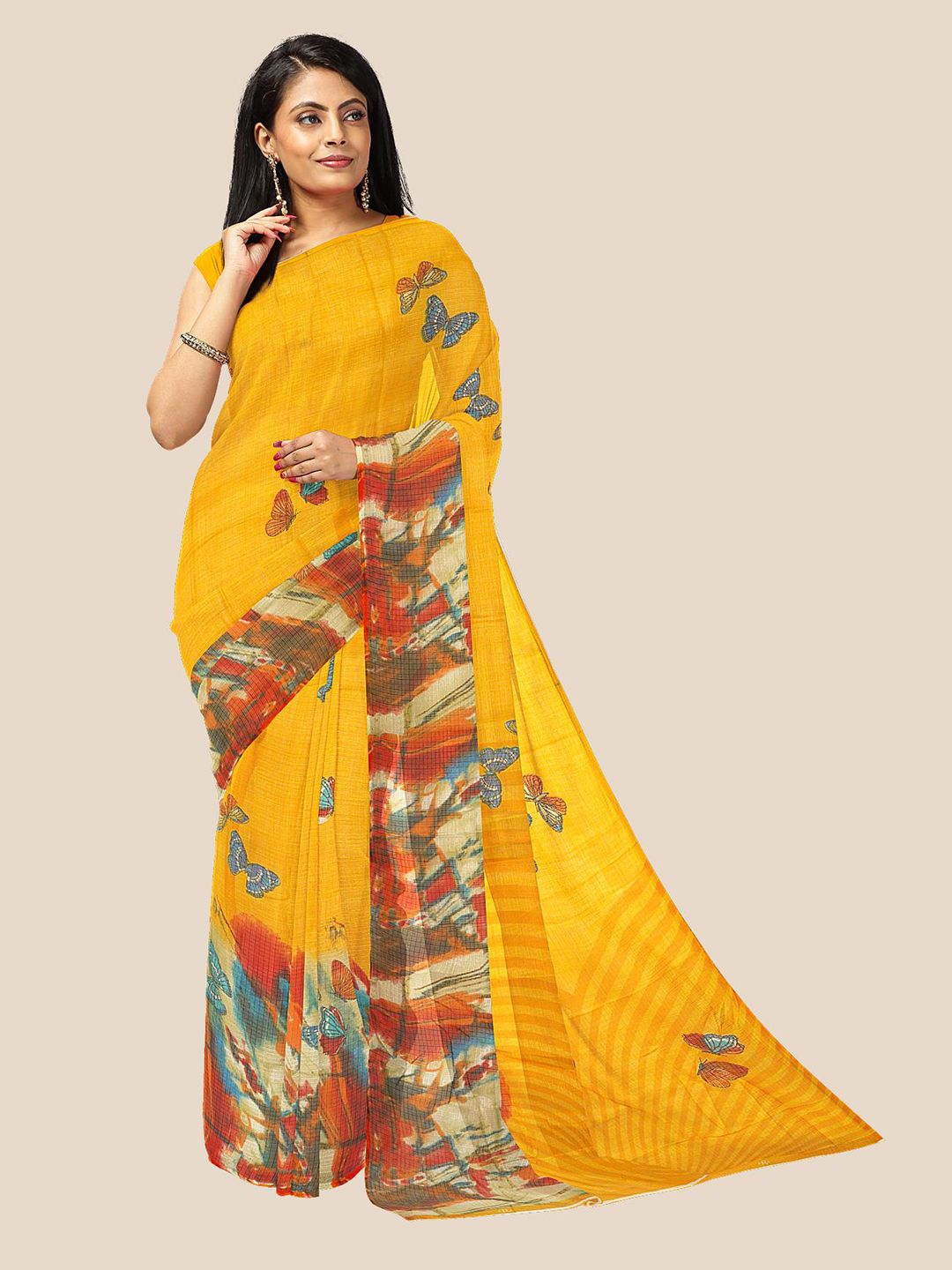 Kalamandir Yellow & Blue Printed Silk Cotton Saree Price in India