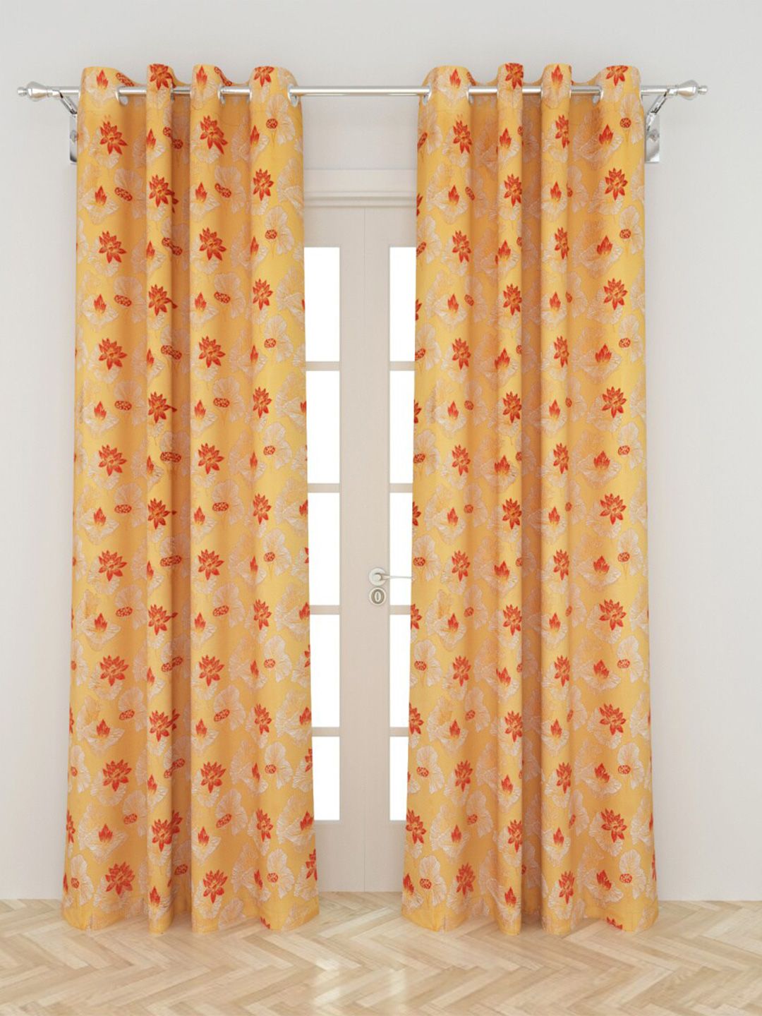 Home Centre Red & Orange Set of 2 Floral Black Out Door Curtain Price in India