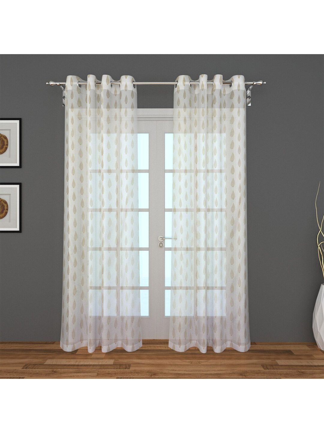 Home Centre Set Of 2 White & Beige Geometric Printed Sheer Door Curtains Price in India