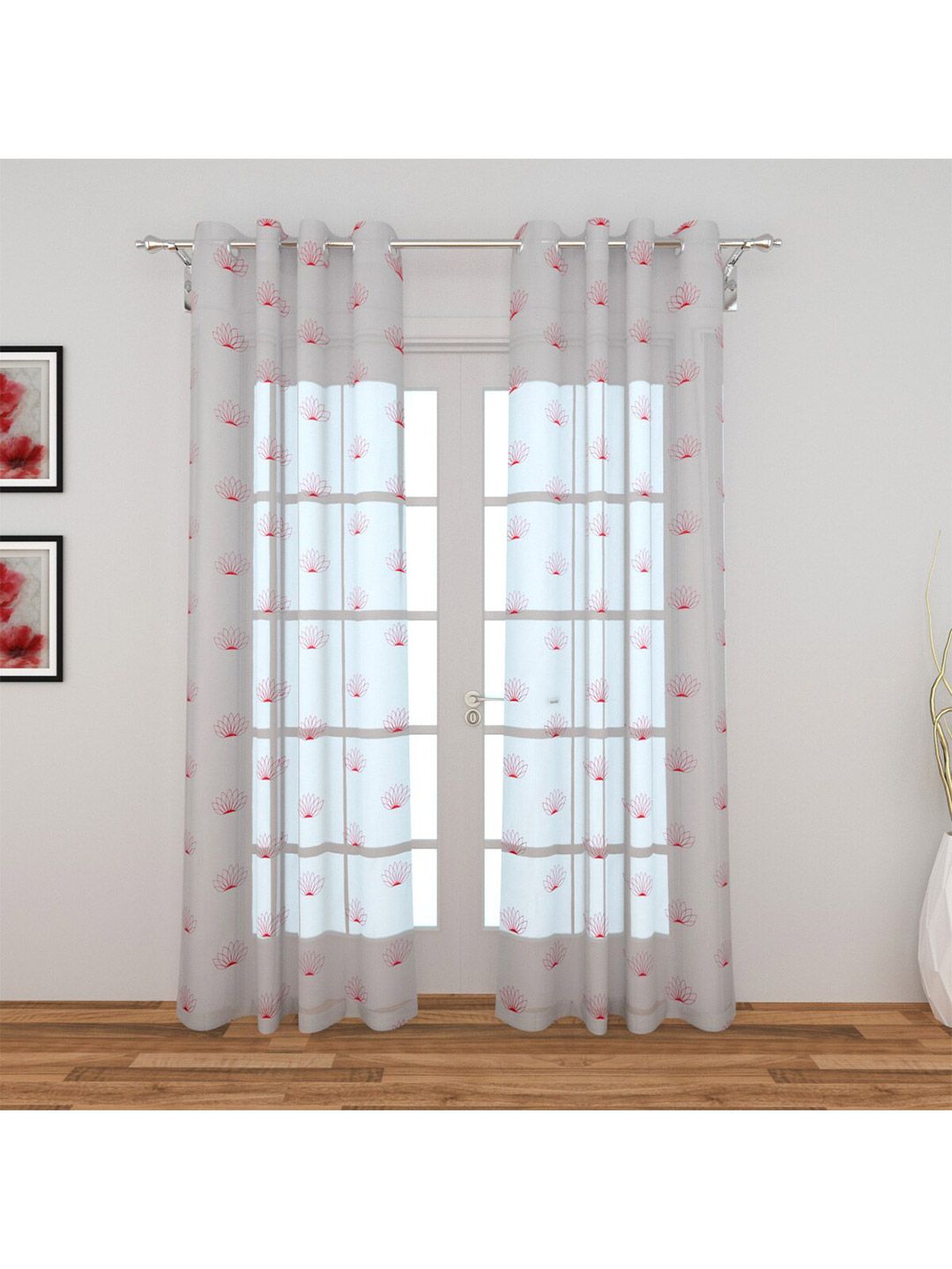 Home Centre White & Pink Set of 2 Floral Sheer Door Curtain Price in India