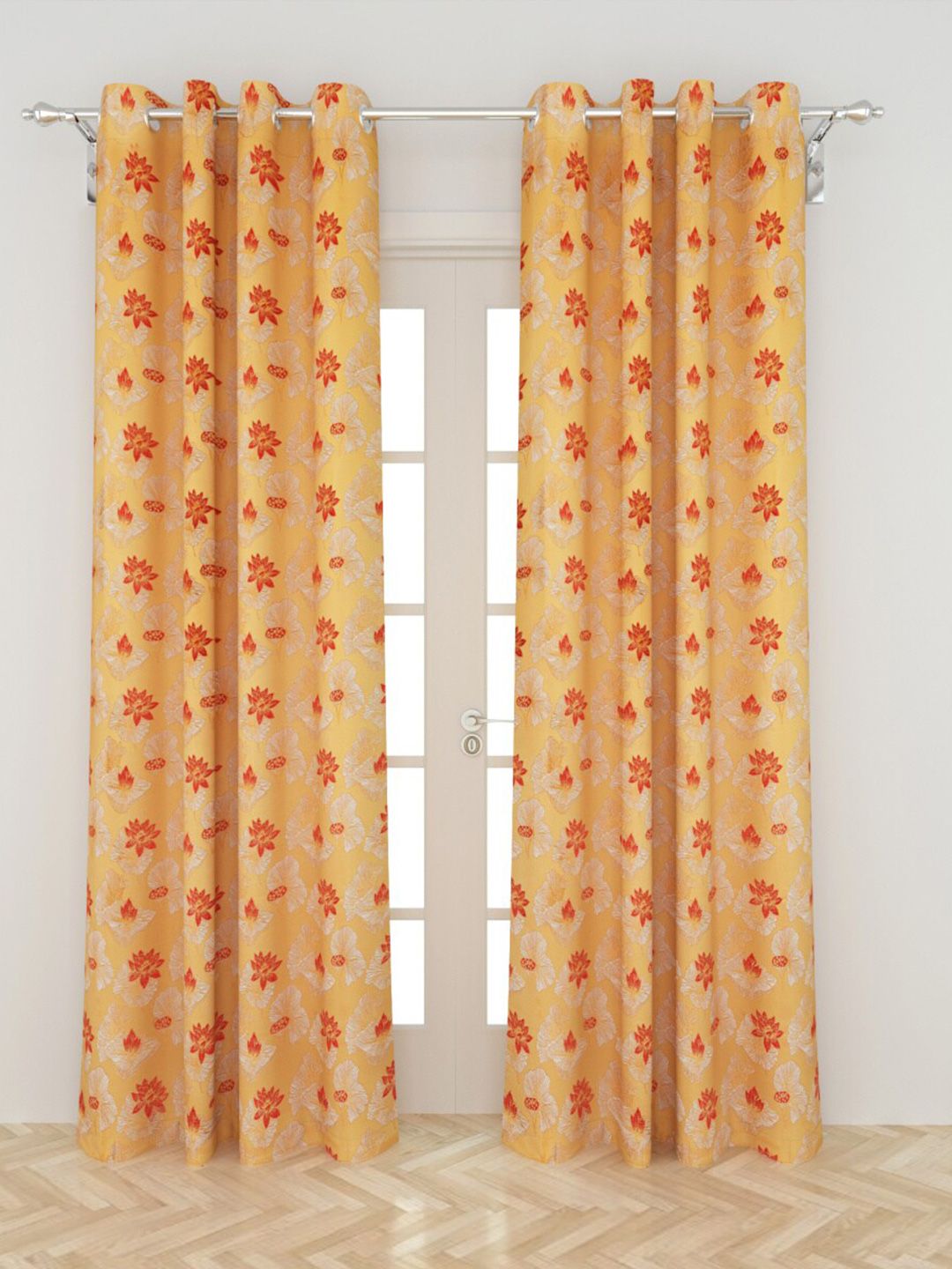 Home Centre Red & Yellow Set of 2 Floral Black Out Door Curtain Price in India