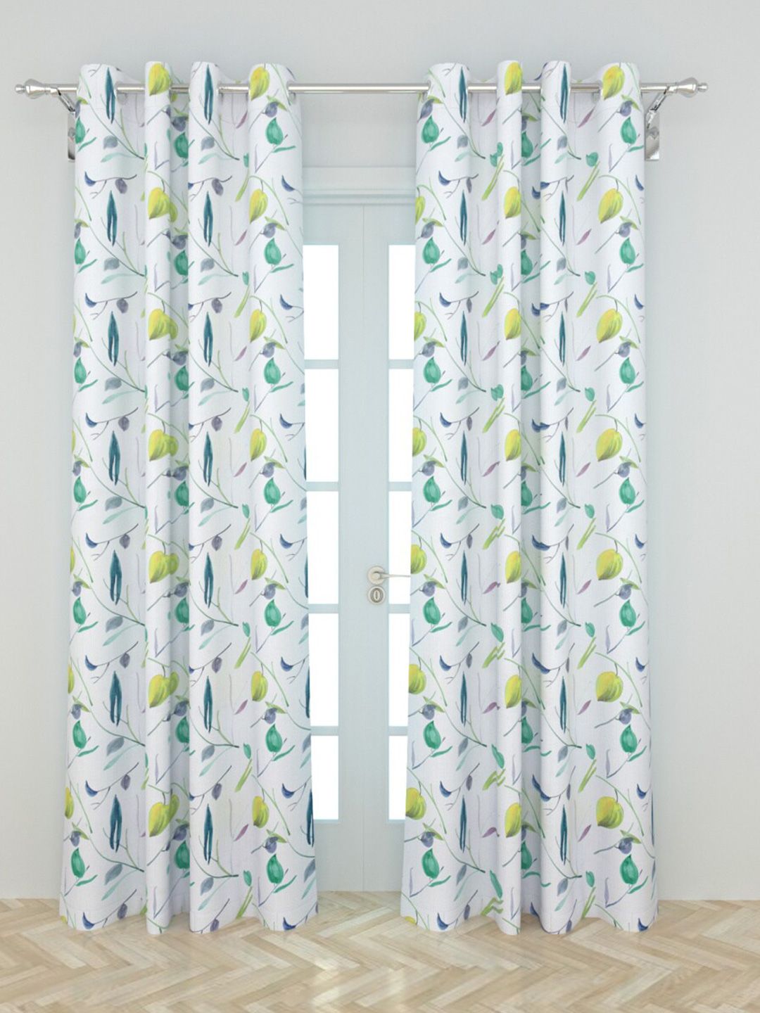 Home Centre Set Of 2 White & Yellow Floral Printed Sheer Door Curtains Price in India